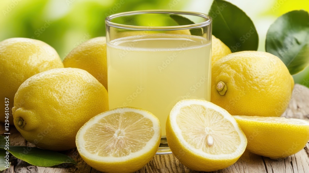 Fresh Lemons and Glass of Lemonade on Wooden Surface with Green Background Fresh Lemons and Glass of Lemonade on Wooden Surface with Green Background