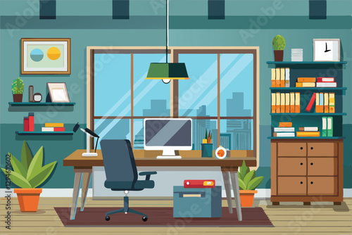 A contemporary office setup showcases a desk, chair, computer, and shelves filled with books and decor, modern office vector illustration