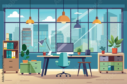 A contemporary workspace is filled with natural light from large windows overlooking a bustling city, Modern office workspace with large windows and creative interior, flat design, website banner