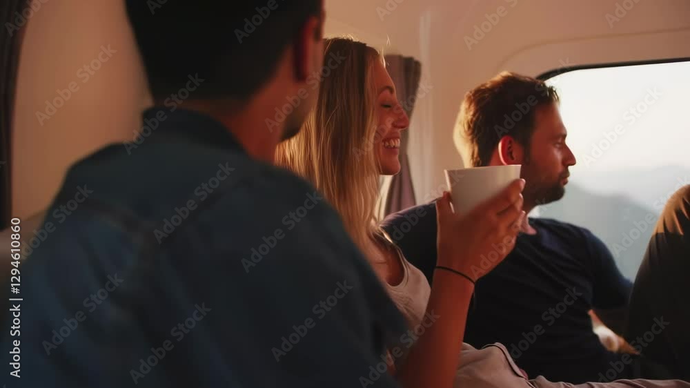 Friends enjoying coffee and conversation in camper van Friends enjoying coffee and conversation in camper van