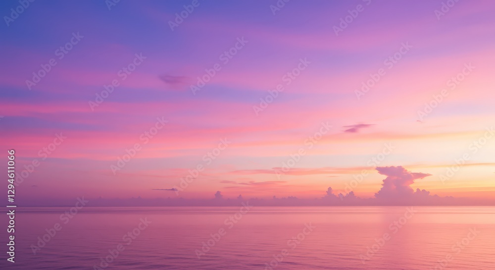 Obraz premium Sunset Over Ocean: Pink and Purple Sky, Tranquil Seascape, Vacation, Travel, Nature Beauty, Romantic Scene, Calm Water, Colorful Clouds, Copy Space