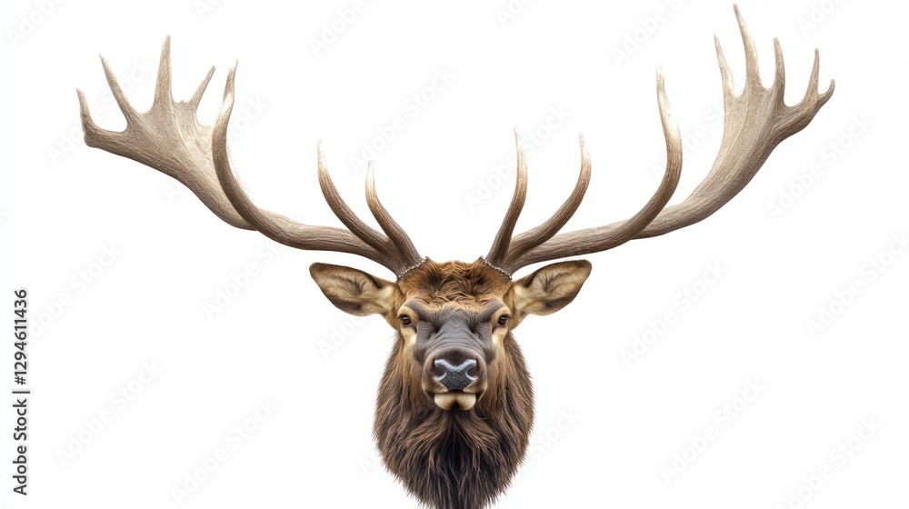 Naklejka premium A frontal view of a majestic elk with large antlers, isolated on a white background.