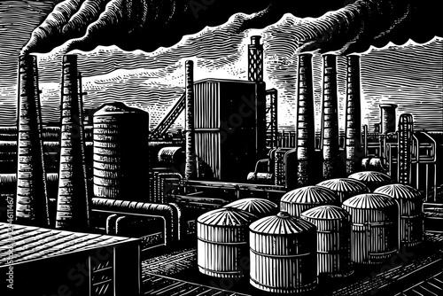 refinery and power plant black and white hand drawn sketch