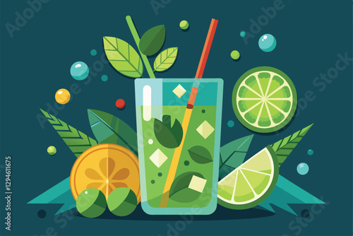 A refreshing mojito is prepared with fresh mint, lime, and colorful garnishes, perfect for summer enjoyment, Mojito Customizable Disproportionate Illustration