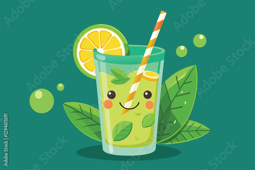 A playful mojito features a smiley face, fresh lime, mint leaves, and a straw, evoking a fun atmosphere, Mojito Customizable Cartoon Illustration