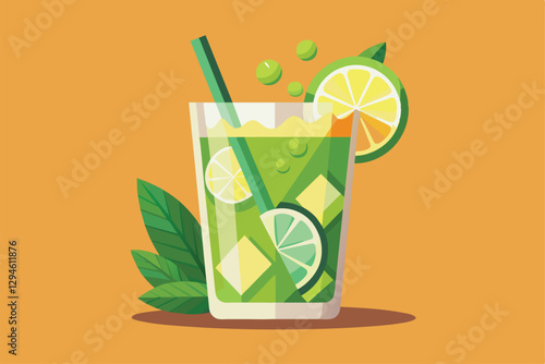 A customizable mojito featuring lime and mint leaves served in a clear glass with ice cubes, Mojito Customizable Semi Flat Illustration