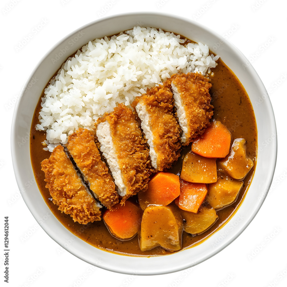 Japanese curry rice with a crispy breaded katsu cutlet isolated die cut Japanese curry rice with a crispy breaded katsu cutlet isolated die cut