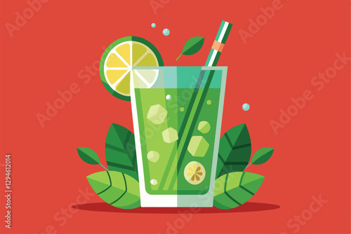 A colorful illustration of a mojito garnished with mint leaves and lime slices, perfect for summer, Mojito Customizable Semi Flat Illustration