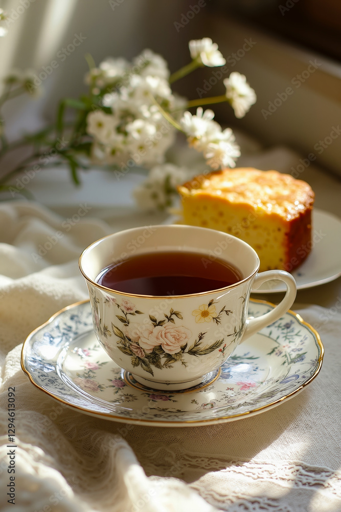 A cup of tea and a piece of cake on a table A cup of tea and a piece of cake on a table