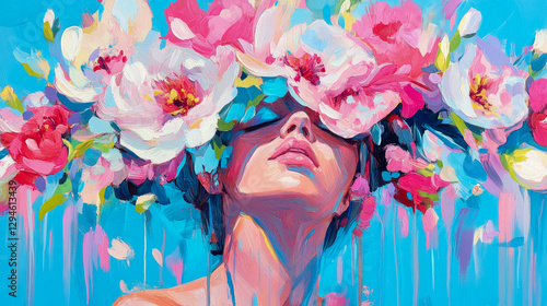 Fototapeta Naklejka Na Ścianę i Meble -  Floral Dream: Impressionistic face amidst blossoming peonies for wall art, poster