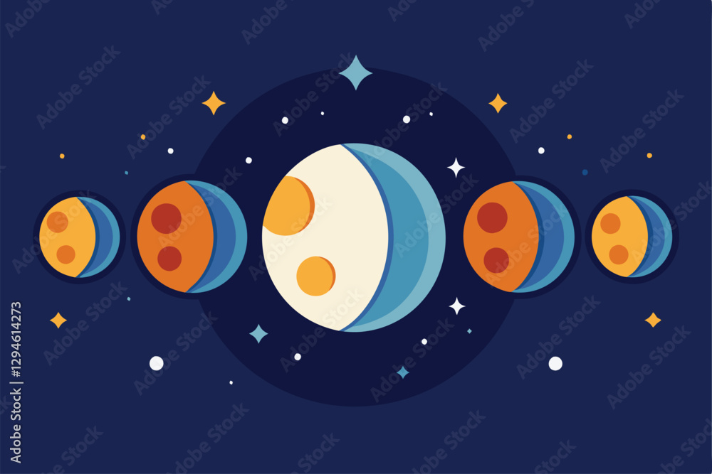 Naklejka premium This artwork showcases the different phases of the moon transitioning through a clear night sky, Moon phases,