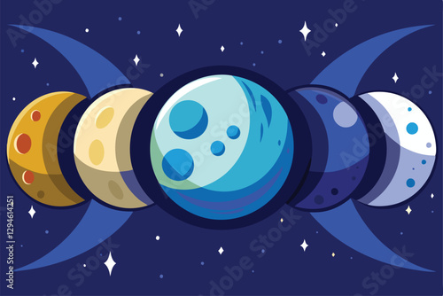 Illustrates the different phases of the moon against a deep blue, starry background, showcasing colors, Moon phases,
