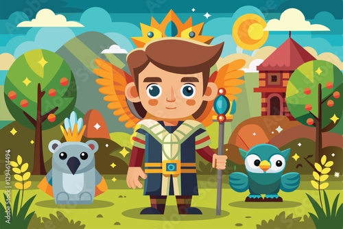 A young hero with a staff stands proudly in a colorful forest beside friendly animals under the sun, Moral Customizable Cartoon Illustration