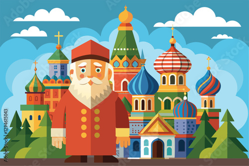 A whimsical cartoon figure stands in front of vibrant Moscow architecture under a bright blue sky, Moscow Customizable Cartoon Illustration