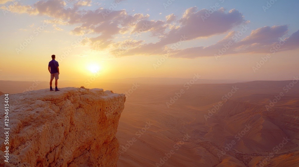Fototapeta premium Young Man Standing on Negev Desert Cliff, Admiring Breathtaking Sunrise Over Mountains in Israel