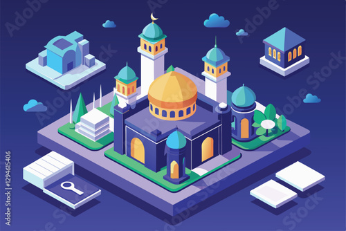 A detailed isometric illustration showcasing a mosque with modern online service customization options, Mosque online service Customizable Isometric Illustration