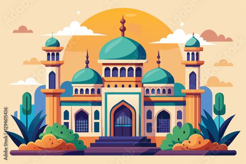 This vibrant mosque design highlights customizable features, showcasing exquisite architecture and serene elements, Mosque online service Customizable Semi Flat Illustration