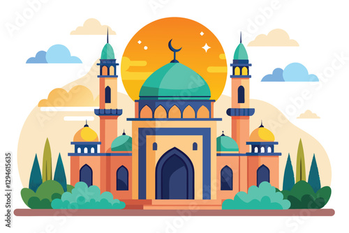 A vibrant mosque design offers online services with customizable features surrounded by lush greenery, Mosque online service Customizable Semi Flat Illustration