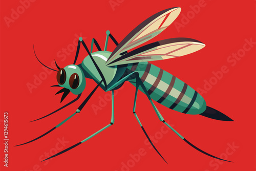 A stylized mosquito with exaggerated proportions on a bright red background, suitable for customization, Mosquito bite Customizable Disproportionate Illustration