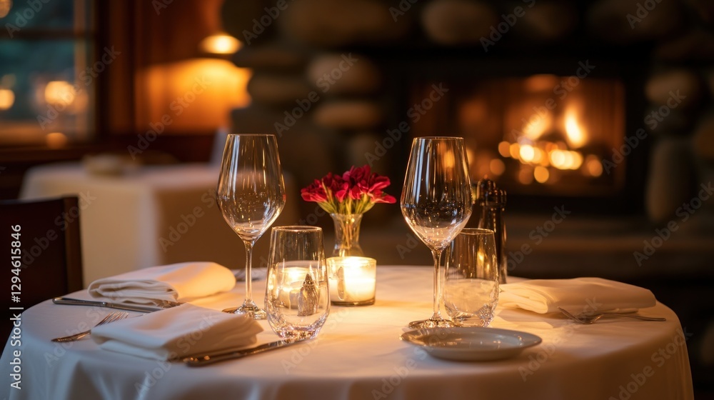 A warm, cozy intimate dinner for two with soft candlelight reflecting on the table, elegant white tablecloth, fine wine glasses, and a rustic backdrop, shot in soft focus A warm, cozy intimate dinner for two with soft candlelight reflecting on the table, elegant white tablecloth, fine wine glasses, and a rustic backdrop, shot in soft focus