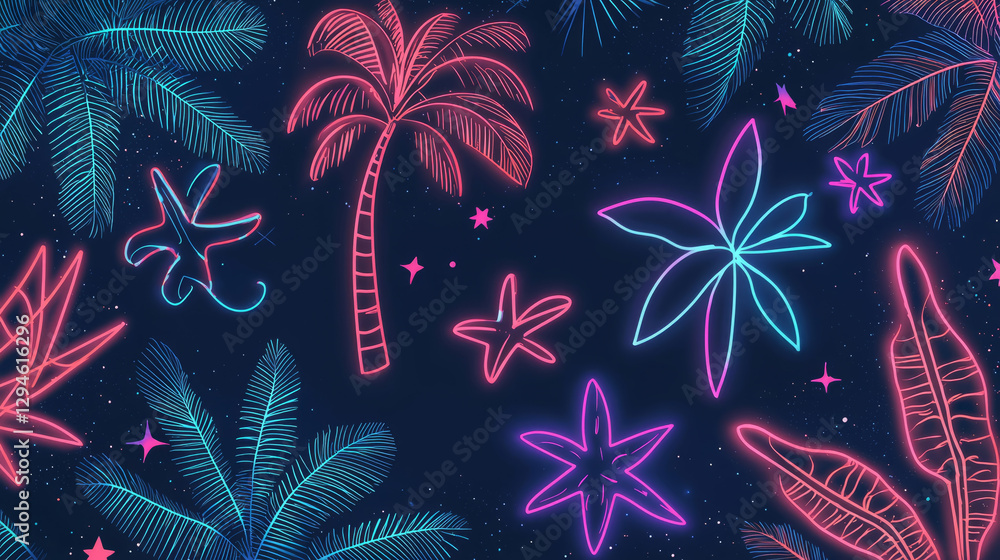 Naklejka premium Neon Tropical Night Patterns with Palm Leaves and Stars