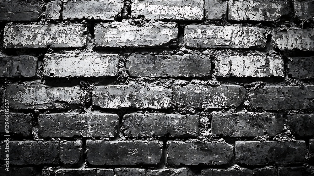 Fototapeta premium Monochromatic Grayscale Brick Wall with Weathered and Peeling Paint