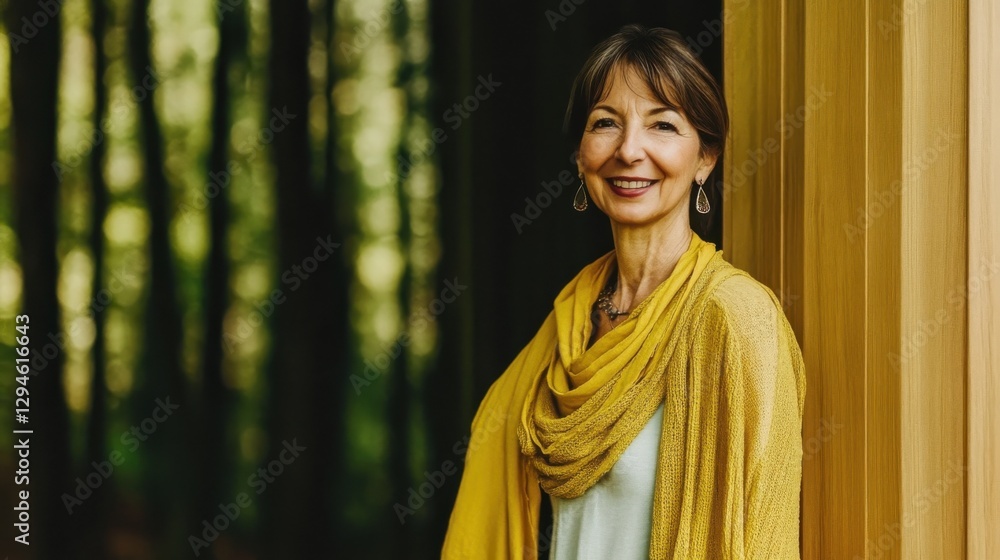 A woman wrapped in a flowing yellow shawl smiles gently, her delicate features illuminated by the soft light filtering through the trees of a lush forest background. A woman wrapped in a flowing yellow shawl smiles gently, her delicate features illuminated by the soft light filtering through the trees of a lush forest background.