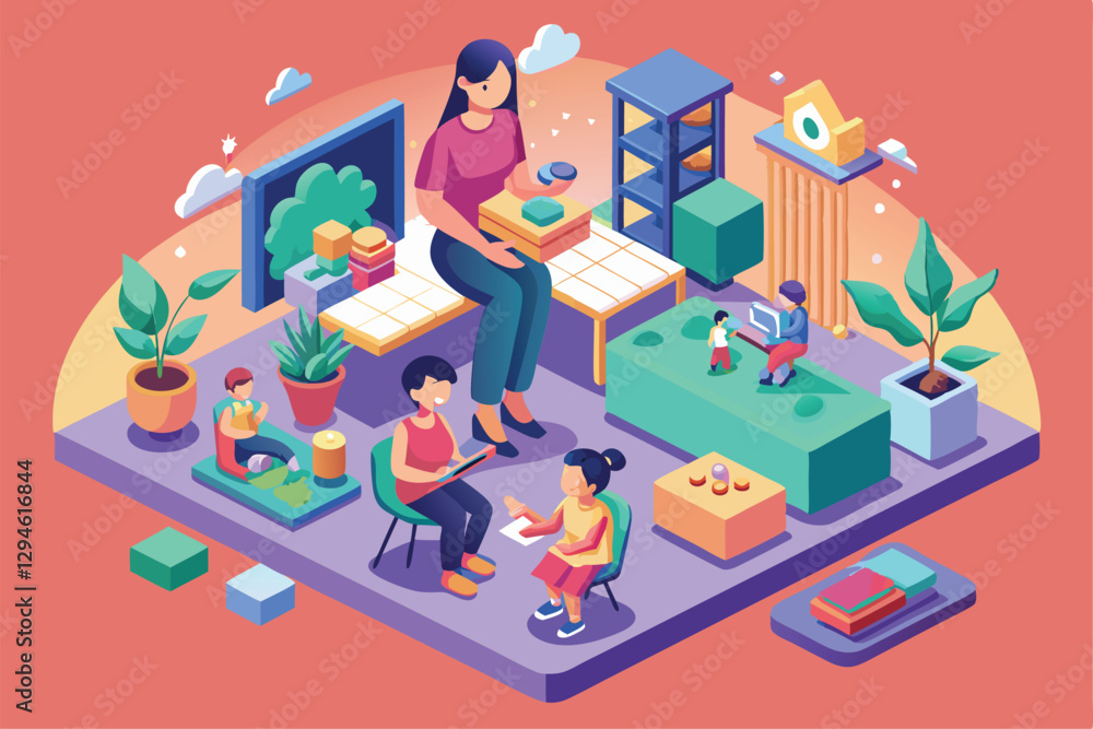 A vibrant isometric representation of motherhood where mothers interact with children in a cozy setting, Motherhood Customizable Isometric Illustration A vibrant isometric representation of motherhood where mothers interact with children in a cozy setting, Motherhood Customizable Isometric Illustration
