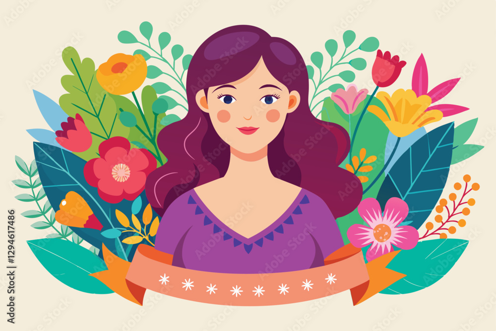 A vibrant illustration celebrates Mother's Day with a cheerful woman amidst a variety of flowers and greenery, Mother's day Customizable Semi Flat Illustration A vibrant illustration celebrates Mother's Day with a cheerful woman amidst a variety of flowers and greenery, Mother's day Customizable Semi Flat Illustration
