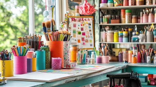 Wallpaper Mural Art studio by window with colorful supplies, brushes, and pencils on desk Torontodigital.ca