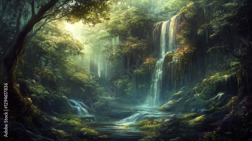 Lush Green Forest Waterfall Landscape