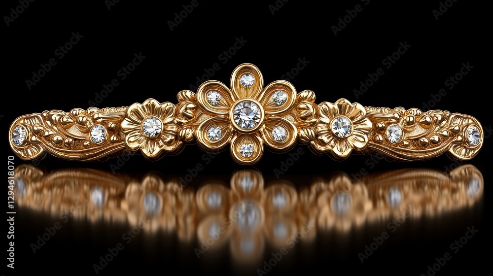 Fototapeta premium Gold diamond floral ring, black background, reflection, jewelry design