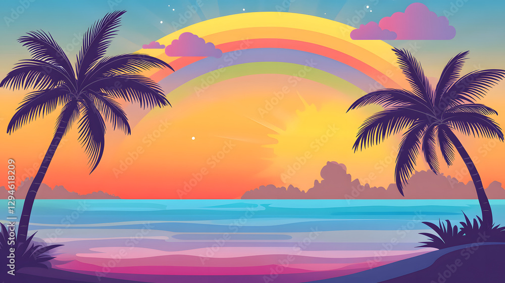 Vector illustration of a sunset with palm trees, using simple shapes and a colorful gradient
Vector illustration of a sunset with palm trees, using simple shapes and a colorful gradient