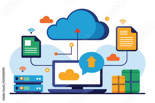 A computer sends files to cloud storage, shown through icons and digital elements illustrating data transfer, Move data to cloud storage storage