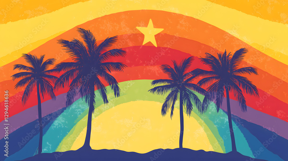 Fototapeta premium Vector illustration of a sunset with palm trees, using simple shapes and a colorful gradient 