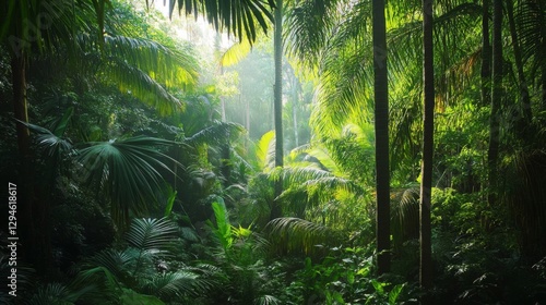 Lush Green Tropical Forest Sunlight Dappled Through Dense Foliage
