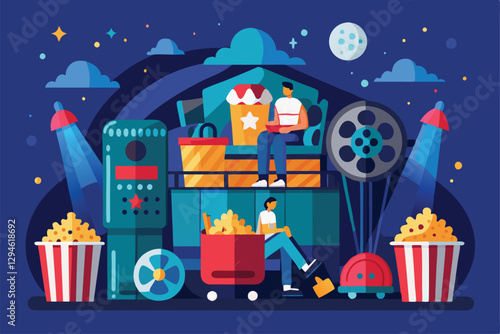 A vibrant setup featuring friends sharing snacks and enjoying an entertaining night together, Movie night Customizable Flat Illustration