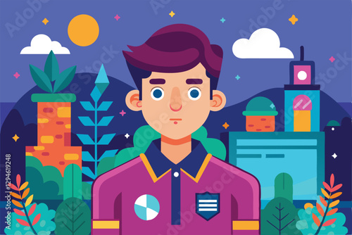 A young individual poses in a colorful flat, surrounded by plants and stylized buildings under a bright sun, Moving forward Customizable Flat Illustration