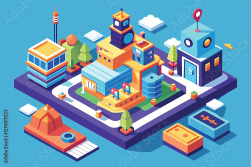 A colorful isometric view of a customizable city layout with diverse buildings and greenery, Moving forward Customizable Isometric Illustration