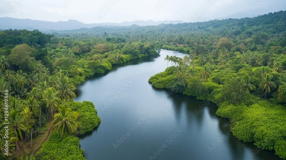 Aerial View Of Lush Tropical River In Green Jungle Aerial View Of Lush Tropical River In Green Jungle