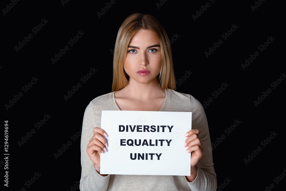 Diversity, equality and unity. Serious woman with sign in his hands calls to join to social protest, isolated on black background, panorama, studio shot Diversity, equality and unity. Serious woman with sign in his hands calls to join to social protest, isolated on black background, panorama, studio shot