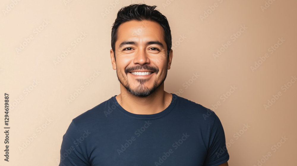 Latino Man in His 30s Expressing Calmness with Relaxed Posture and Slight Smile Against a Solid Beige Background Latino Man in His 30s Expressing Calmness with Relaxed Posture and Slight Smile Against a Solid Beige Background