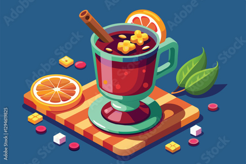 A cozy cup of customizable mulled wine surrounded by seasonal garnishes and colorful ingredients, Mulled wine Customizable Isometric Illustration