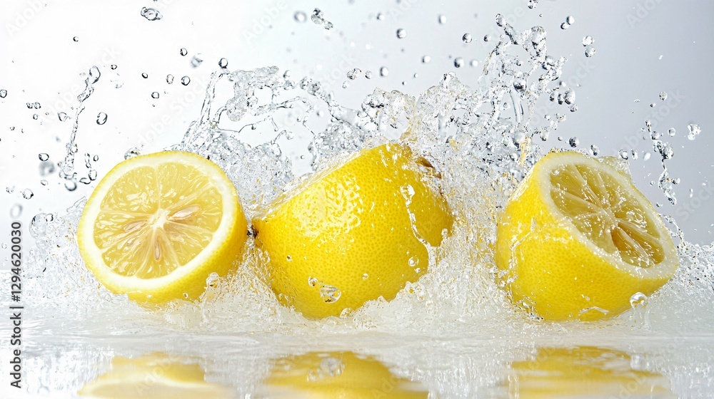 Lemon slices are hit by water creating an impressive splash Lemon slices are hit by water creating an impressive splash
