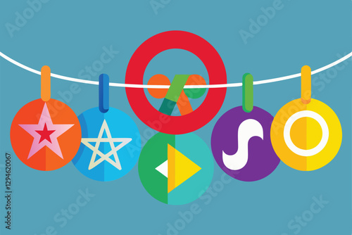 Various multicolored symbols are showcased on a rope, creating a bright and playful display, Multicolored symbols on rope,