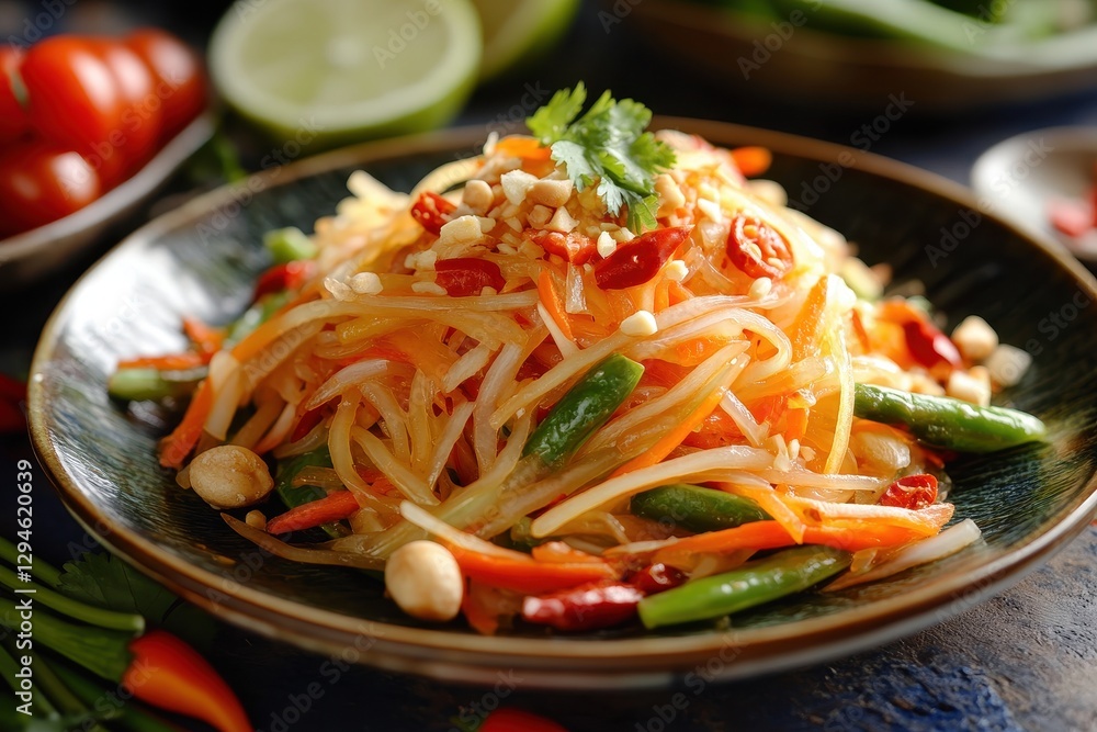 Vibrant Som Tum: Authentic Thai Papaya Salad Served in a Colorful Dish for a Healthy and Delicious Meal