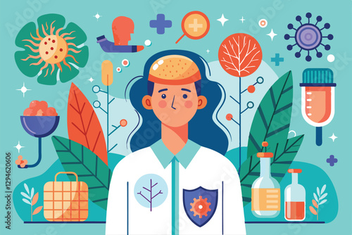 A creative illustration showcasing multiple sclerosis concepts, featuring a researcher among scientific icons, Multiple sclerosis Customizable Flat Illustration