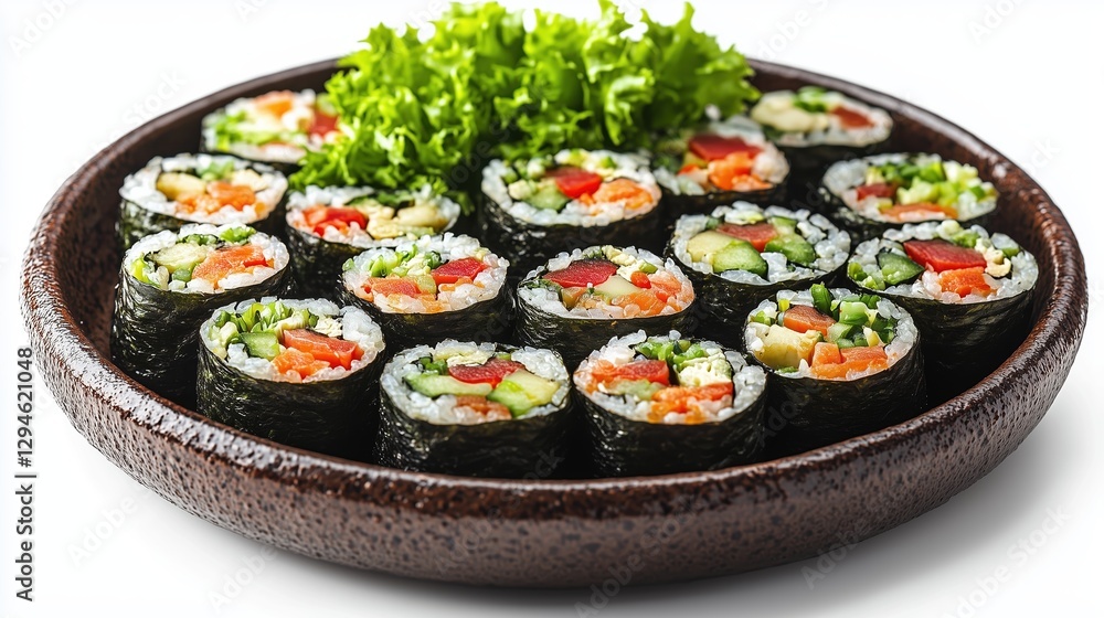 Freshly made sushi rolls beautifully arranged on a brown plate with lettuce garnish against a white background Freshly made sushi rolls beautifully arranged on a brown plate with lettuce garnish against a white background