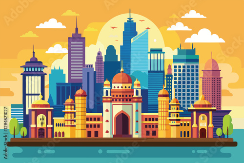 The skyline of Mumbai is alive with colorful buildings and architectural landmarks under a warm sunset glow, Mumbai skyline,
