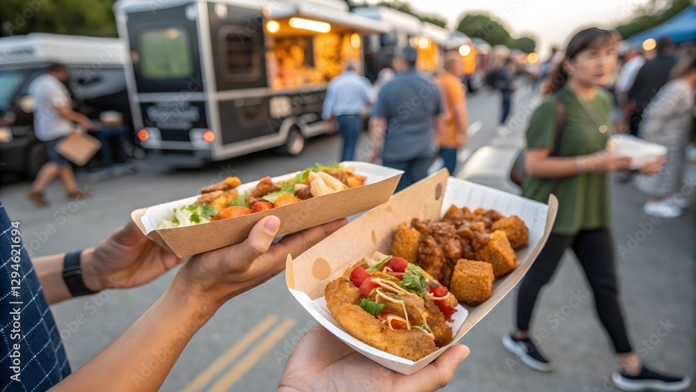 Fototapeta premium Person Holding Two Takeaway Food Trays at a Lively Outdoor Food Truck Event